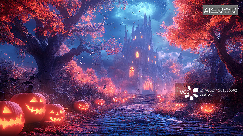 【AI数字艺术】万圣节南瓜灯城堡图片素材