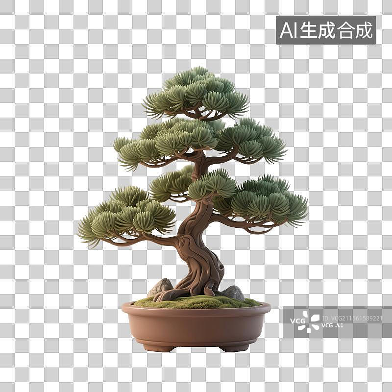 【AI数字艺术】3D渲染国风元素，罗汉松盆景，文房清供，松树盆栽，中式植物花卉插花免抠元素图片素材