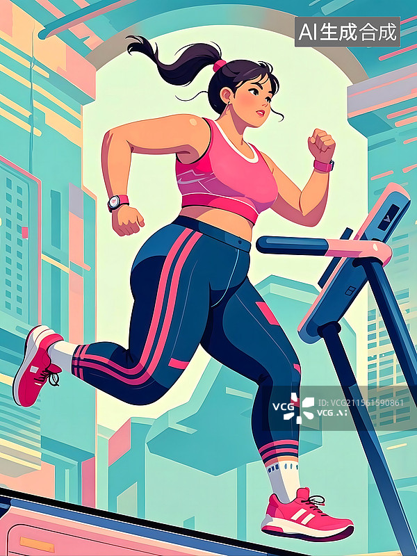 【AI数字艺术】在跑步机上跑步的肥胖女人图片素材
