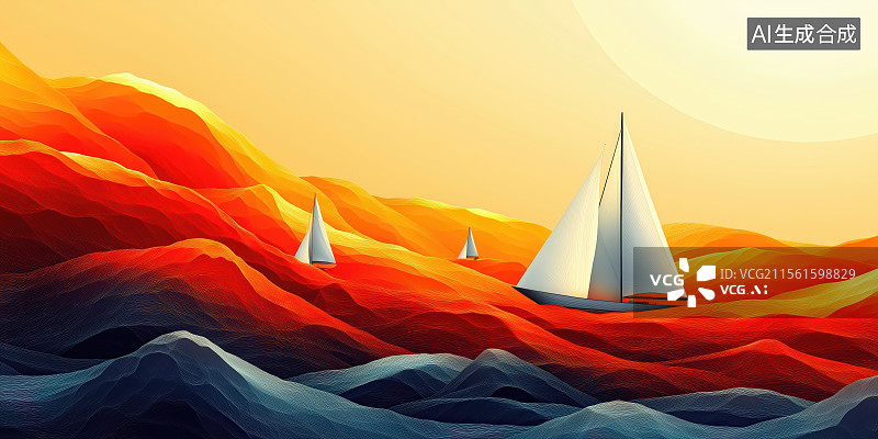 【AI数字艺术】帆船乘风破浪日落海洋风格航海冒险插图图片素材
