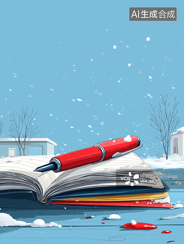 【AI数字艺术】冬日雪景中的笔记本与钢笔的治愈插画图片素材