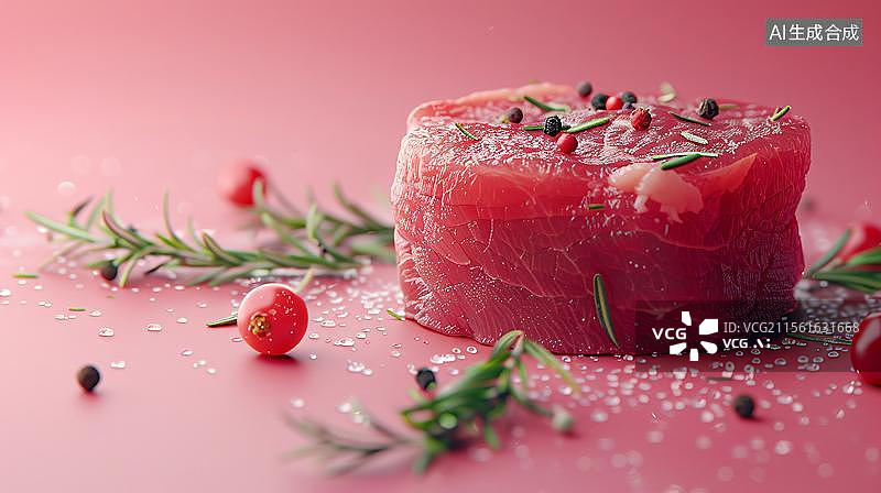 【AI数字艺术】迷迭香与胡椒调味的牛排  粉色背景上的鲜嫩牛排图片素材
