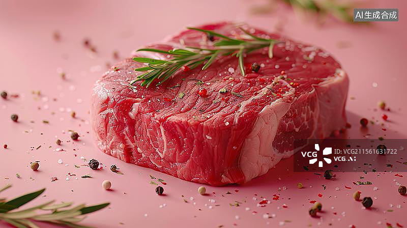 【AI数字艺术】迷迭香与胡椒调味的牛排  粉色背景上的鲜嫩牛排图片素材