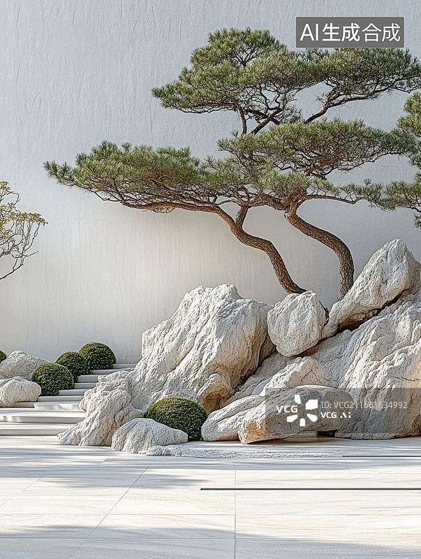 【AI数字艺术】中国古典园林假山石罗汉松造型背景图片素材