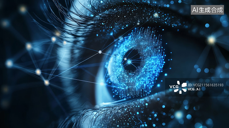 【AI数字艺术】人眼扫描和虹膜特写，未来生物识别技术概念图片素材