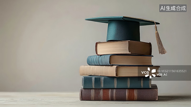 【AI数字艺术】叠放的一摞书和学士帽，教育主题背景图片素材