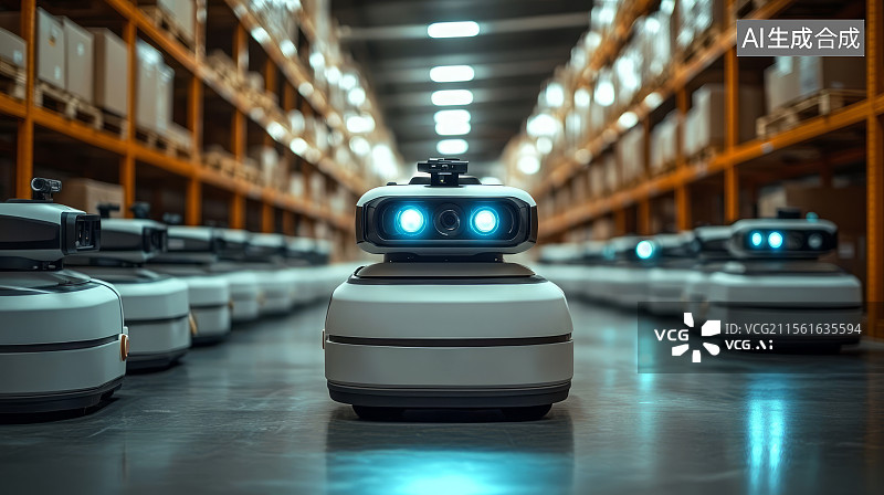 【AI数字艺术】现代仓库中AGV智能搬运机器人，智慧物流概念图片素材