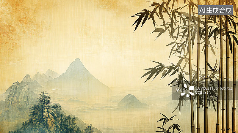 【AI数字艺术】水墨写意竹林山景图图片素材