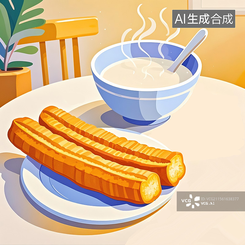【AI数字艺术】鲜亮极简风格早餐豆浆油条鸡蛋卡通插画图片素材