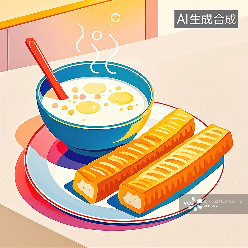 【AI数字艺术】鲜亮极简风格早餐豆浆油条鸡蛋卡通插画图片素材