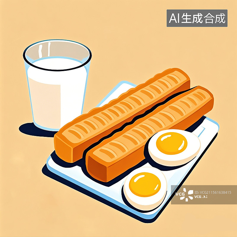 【AI数字艺术】鲜亮极简风格早餐豆浆油条鸡蛋卡通插画图片素材