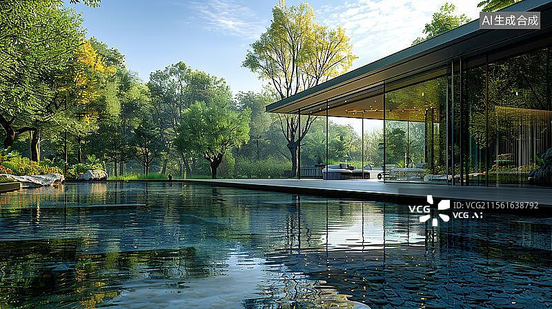 【AI数字艺术】湖畔的现代静居  林间水岸的诗意栖居  平静湖面上的现代建筑图片素材