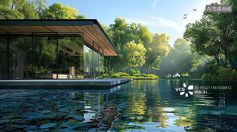 【AI数字艺术】湖畔的现代静居  林间水岸的诗意栖居  平静湖面上的现代建筑图片素材