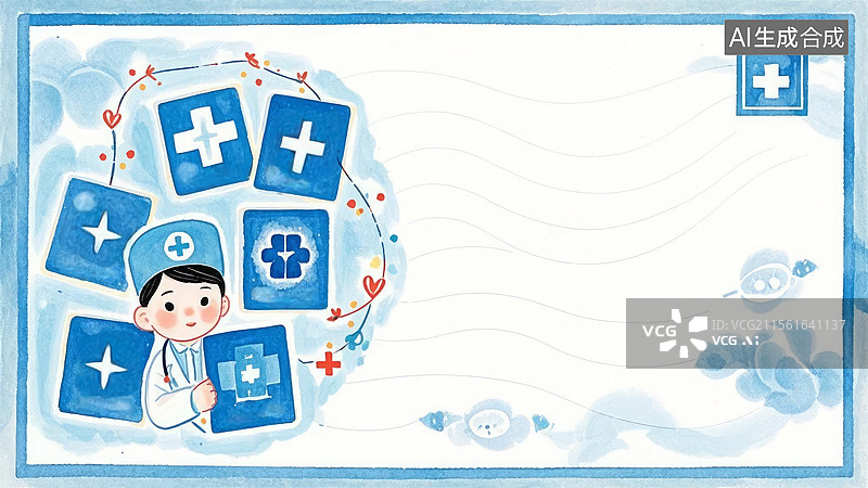 【AI数字艺术】2D卡通居左-医疗主题插画：医生与医疗图标图片素材