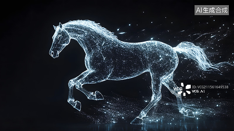 【AI数字艺术】发光粒子透明马在夜空奔跑图片素材