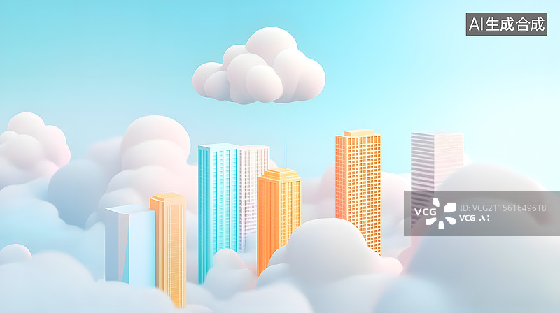 【AI数字艺术】漂浮云朵卡通城市景观 淡蓝色 浅黄色图片素材