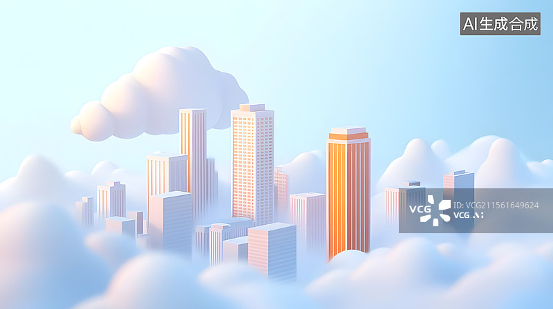 【AI数字艺术】漂浮云朵卡通城市景观 淡蓝色 浅黄色图片素材