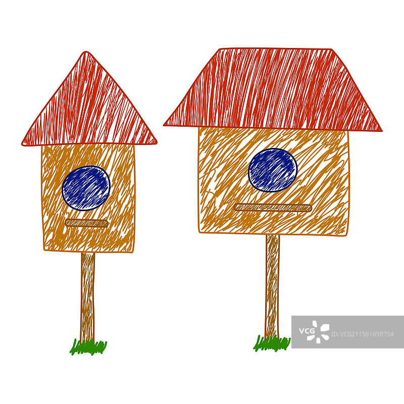 手绘的鸟屋，红色屋顶，素描风格图片素材