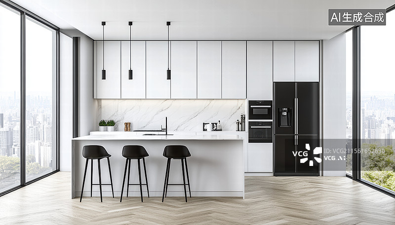 【AI数字艺术】一个现代厨房的场景，背景是大理石纹理的墙面，整体设计简洁而优雅。厨房台面上摆放着各种新鲜蔬菜和食材。图片素材