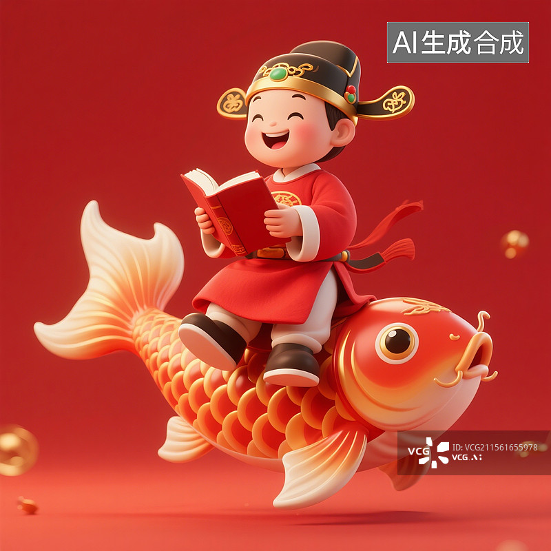 【AI数字艺术】3D渲染卡通人物，骑着幸运锦鲤的状元，文曲星，高考冲刺，高考加油，金榜题名，考试上岸，免抠元素图片素材