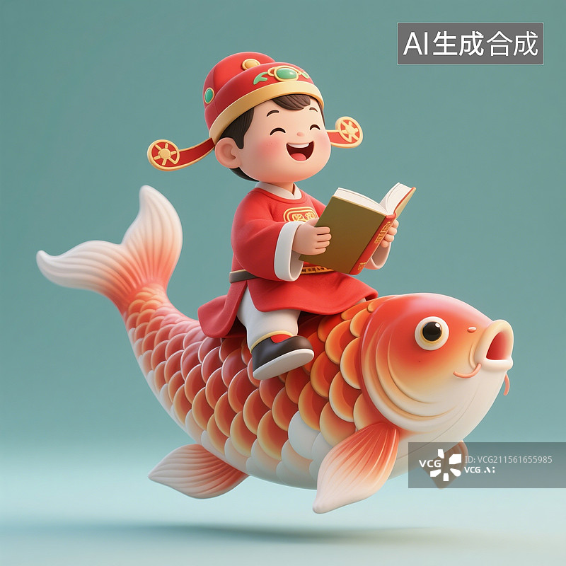 【AI数字艺术】3D渲染卡通人物，骑着幸运锦鲤的状元，文曲星，高考冲刺，高考加油，金榜题名，考试上岸，免抠元素图片素材