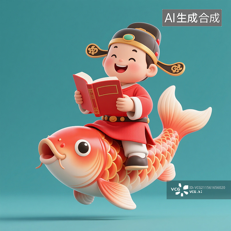 【AI数字艺术】3D渲染卡通人物，骑着幸运锦鲤的状元，文曲星，高考冲刺，高考加油，金榜题名，考试上岸，免抠元素图片素材
