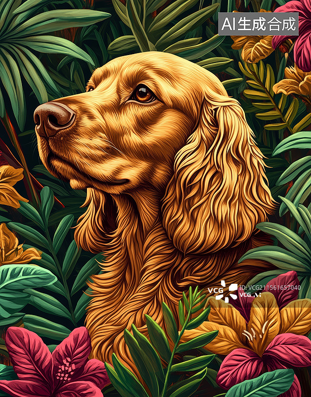 【AI数字艺术】花丛中的可卡犬画像图片素材