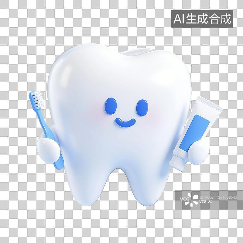 【AI数字艺术】3D渲染可爱的卡通牙齿，拿着牙刷牙膏的拟人牙齿，漱口，牙齿清洁免抠元素图片素材