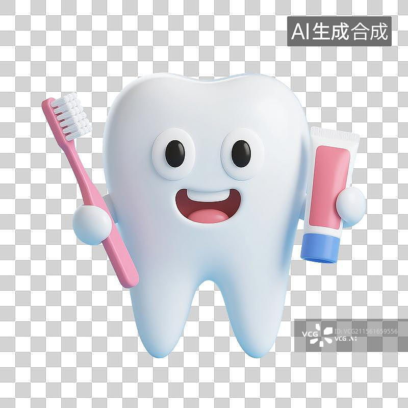 【AI数字艺术】3D渲染可爱的卡通牙齿，拿着牙刷牙膏的拟人牙齿，漱口，牙齿清洁免抠元素图片素材