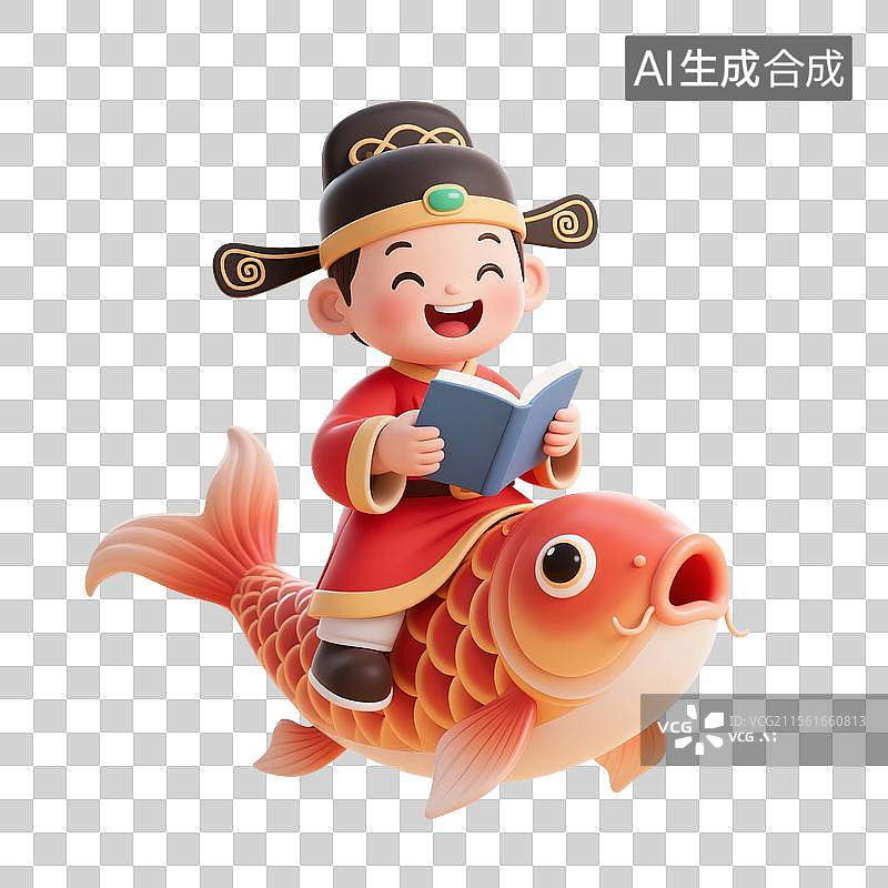 【AI数字艺术】3D渲染卡通人物，骑着幸运锦鲤的状元，文曲星，高考冲刺，高考加油，金榜题名，考试上岸，免抠元素图片素材