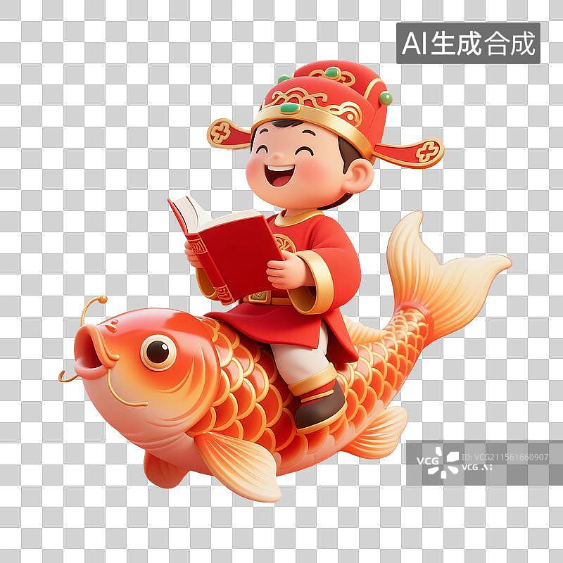 【AI数字艺术】3D渲染卡通人物，骑着幸运锦鲤的状元，文曲星，高考冲刺，高考加油，金榜题名，考试上岸，免抠元素图片素材