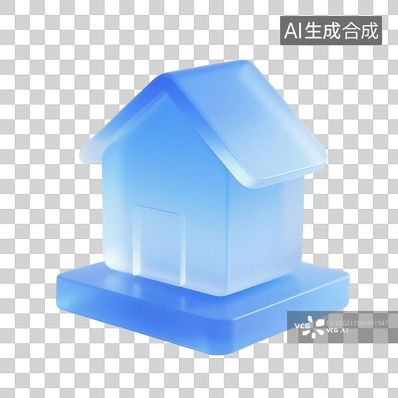 【AI数字艺术】3D渲染，蓝色磨砂玻璃质感，卡通蓝色小房屋，住宅，不动产，免抠元素图片素材