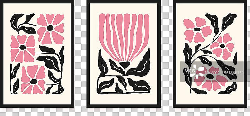 三幅以粉色花朵和黑色为主题的花卉海报图片素材