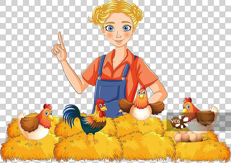 农夫与鸡和草堆上的鸡蛋图片素材