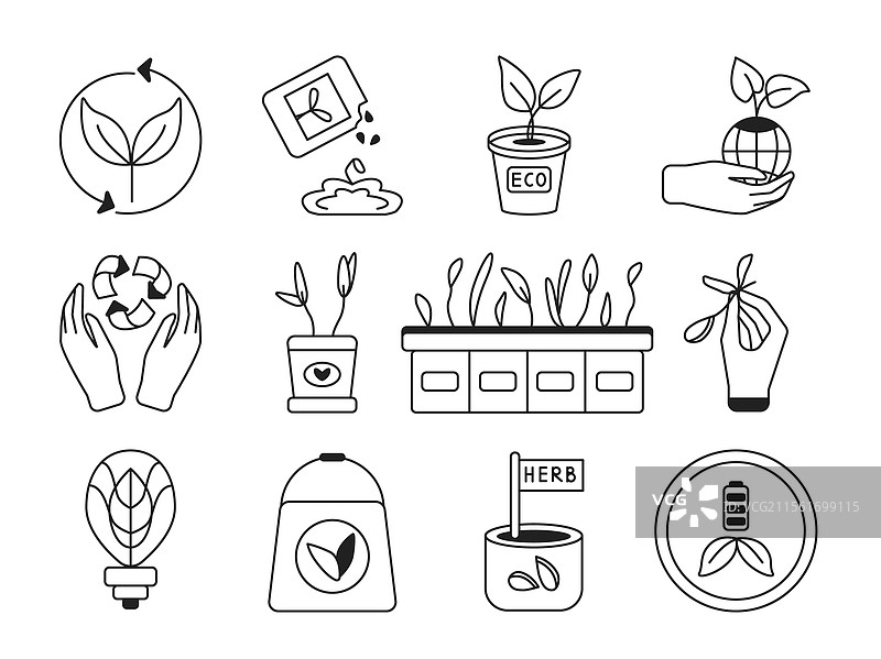 一组带有植物和徽章的图标图片素材