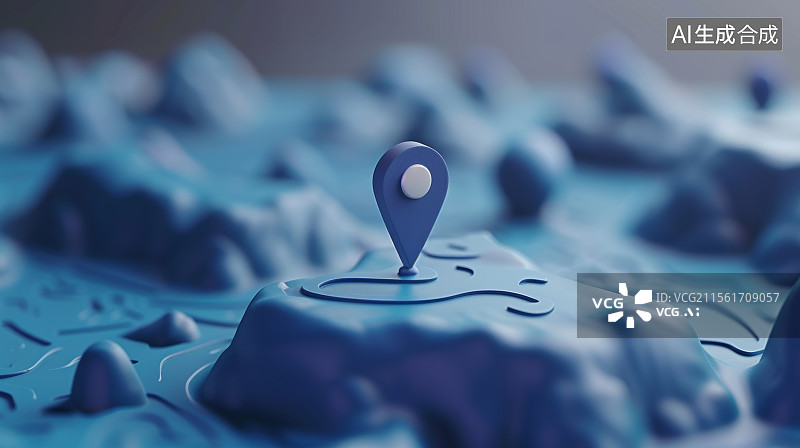 【AI数字艺术】起伏地形中立于中心的蓝色定位图标图片素材