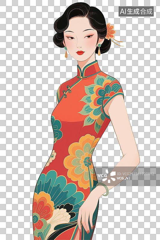 【AI数字艺术】中国国潮风旗袍民国美女插画元素图片素材