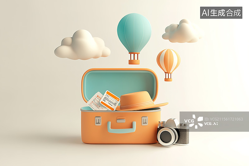 【AI数字艺术】3D卡通风格旅行箱热气球旅行概念插画图片素材