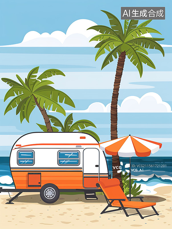 【AI数字艺术】清新扁平风海边的遮阳伞躺椅和露营拖车插画图片素材