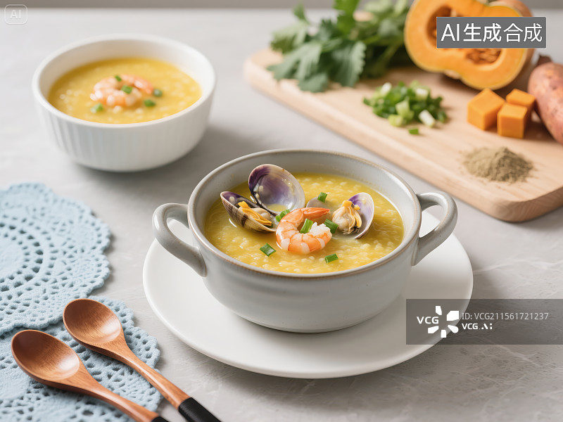 【AI数字艺术】精致海鲜粥与食材的美味展示图片素材