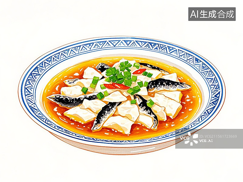 【AI数字艺术】糟溜鱼片，酒糟鱼-上海传统美食小吃手绘插画图片素材