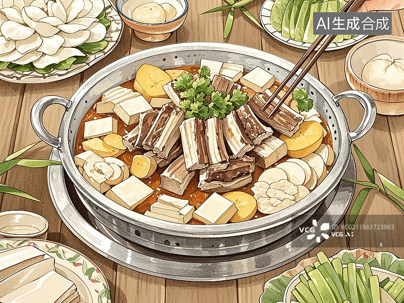 【AI数字艺术】腊排骨火锅-云南丽江传统美食小吃手绘插画图片素材