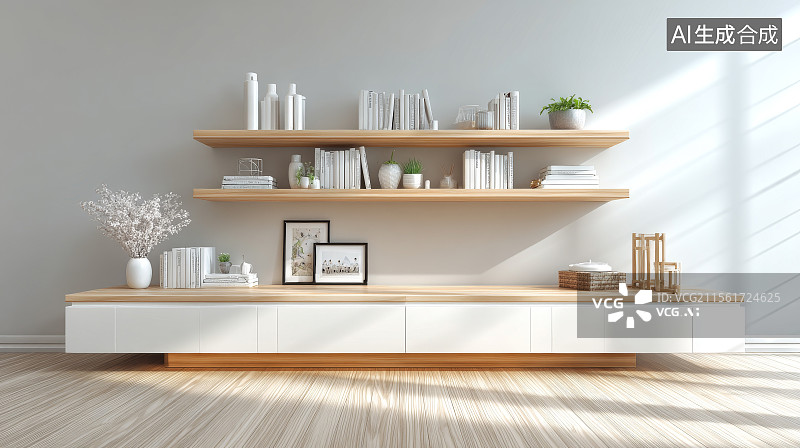 【AI数字艺术】现代极简木质书架组合图片素材
