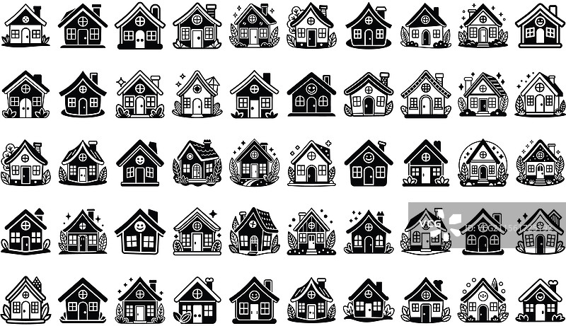 可爱的卡通房屋图标集，适合有趣的设计图片素材
