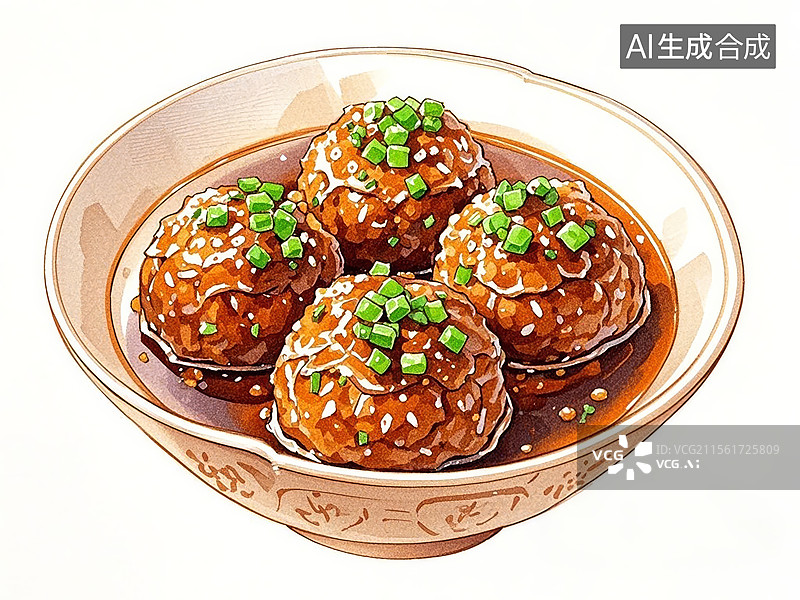 【AI数字艺术】四喜丸子-传统美食小吃手绘插画图片素材