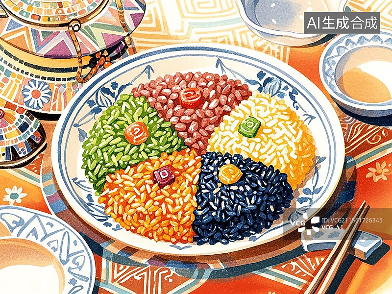 【AI数字艺术】壮族五色糯米饭-传统美食小吃手绘插画图片素材