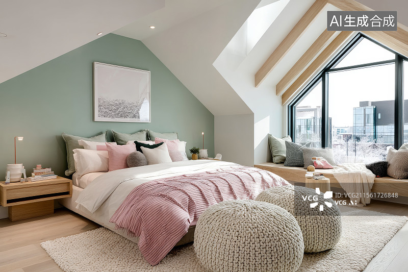【AI数字艺术】现代舒适的阁楼卧室设计图片素材