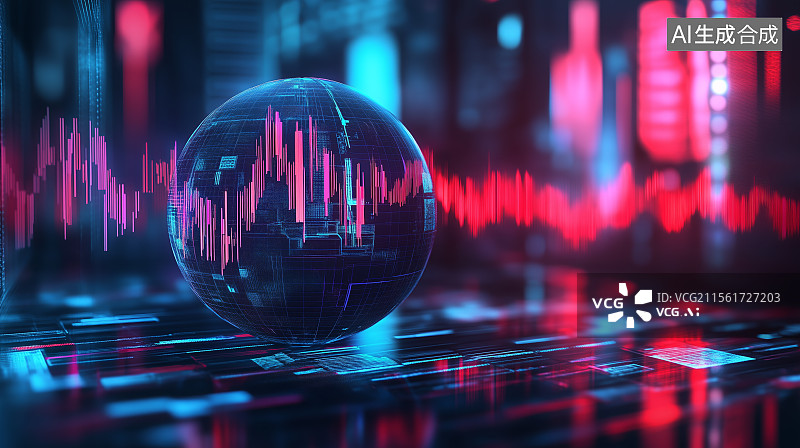 【AI数字艺术】金融商务主题海报——抽象地球与股价走势图图片素材