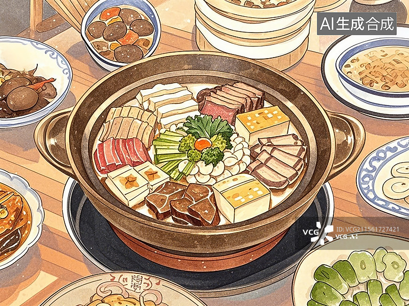 【AI数字艺术】安徽绩溪一品锅-传统美食小吃手绘插画图片素材