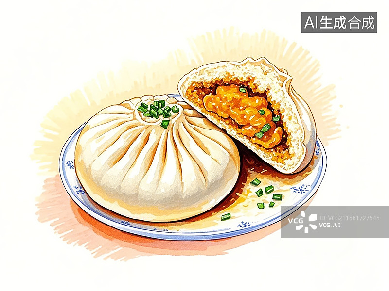 【AI数字艺术】安徽芜湖蟹黄汤包-传统美食小吃手绘插画图片素材
